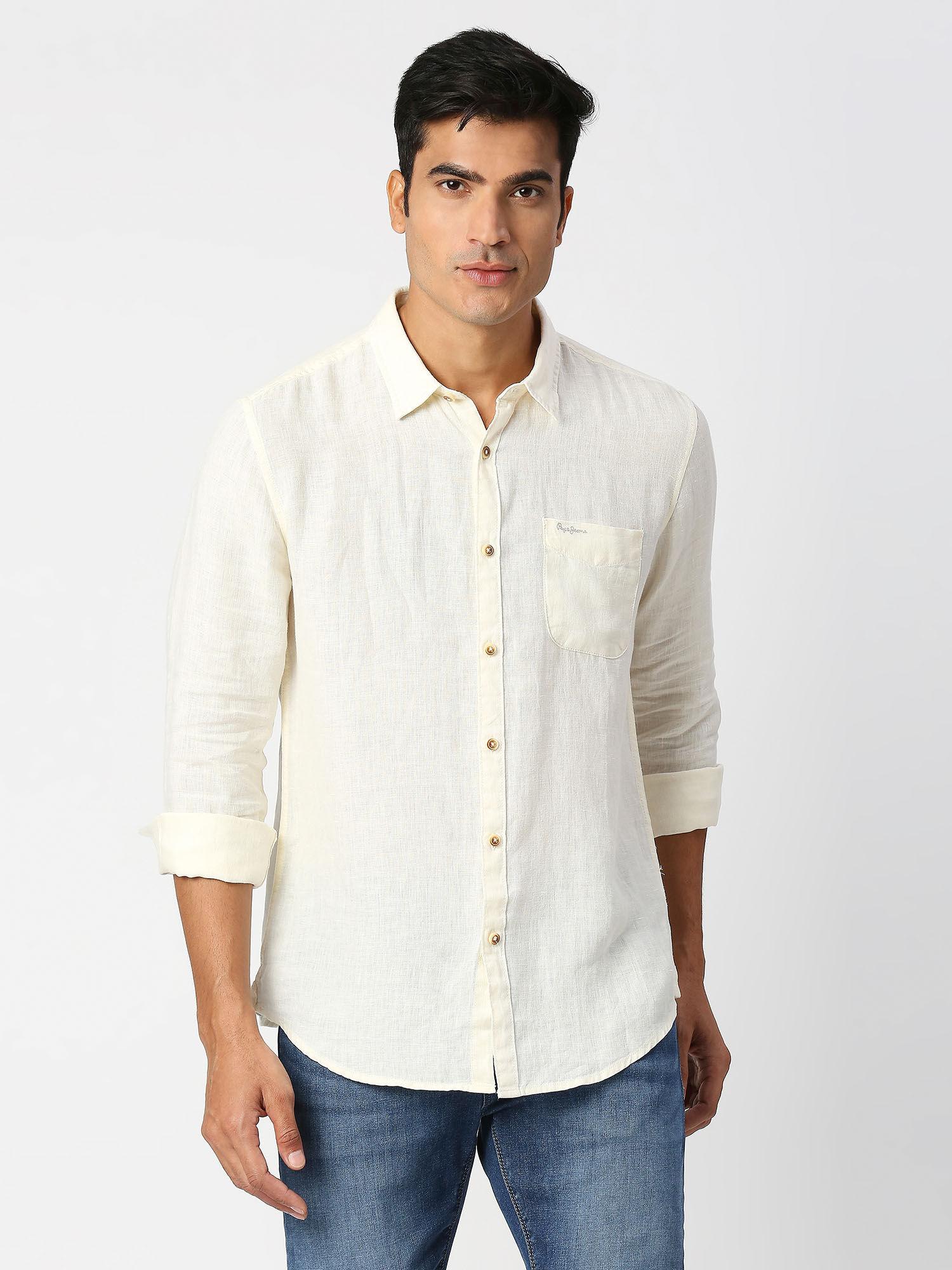 kingsman full sleeves white pure linen casual shirt