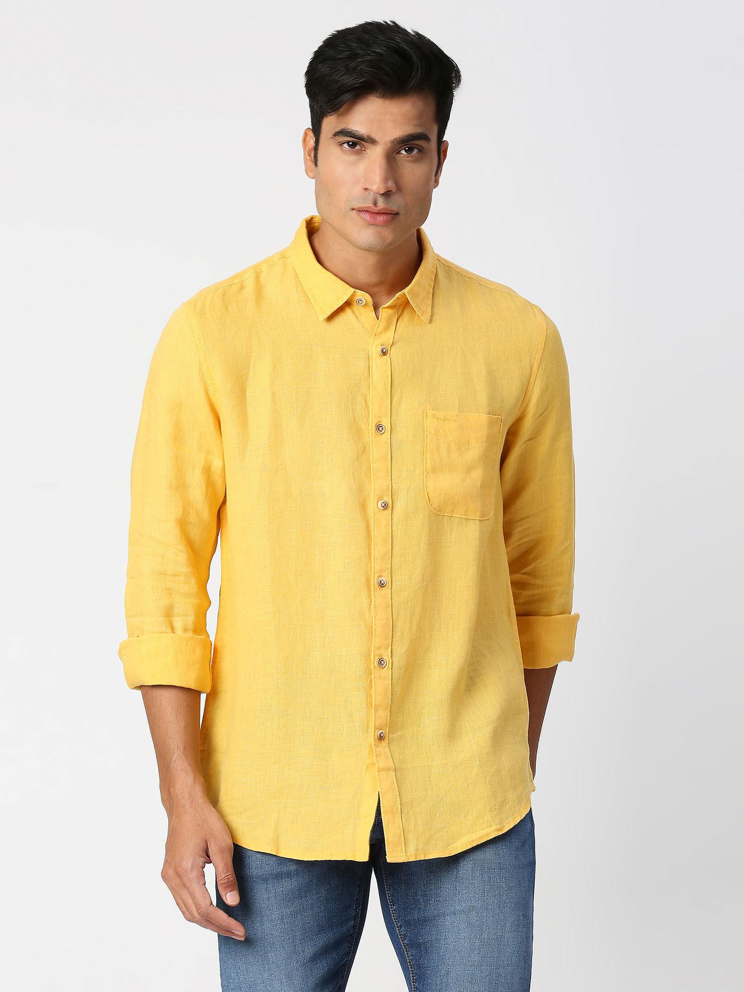 kingsman full sleeves yellow pure linen casual shirt