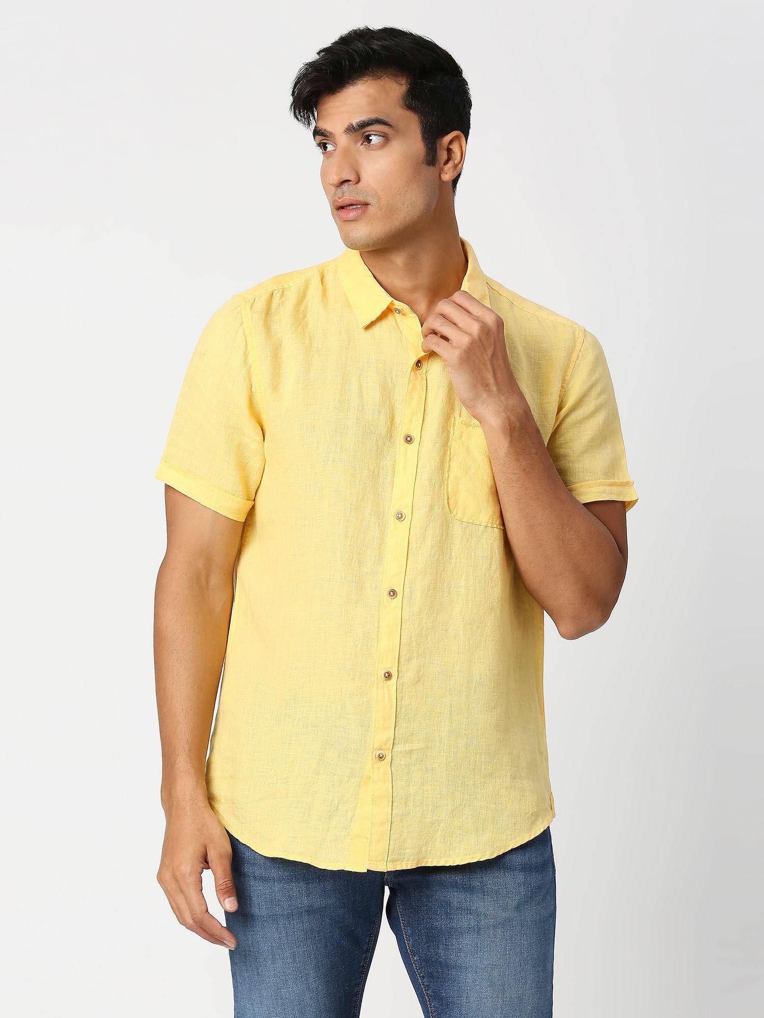 kingsman half sleeves yellow pure linen casual shirt