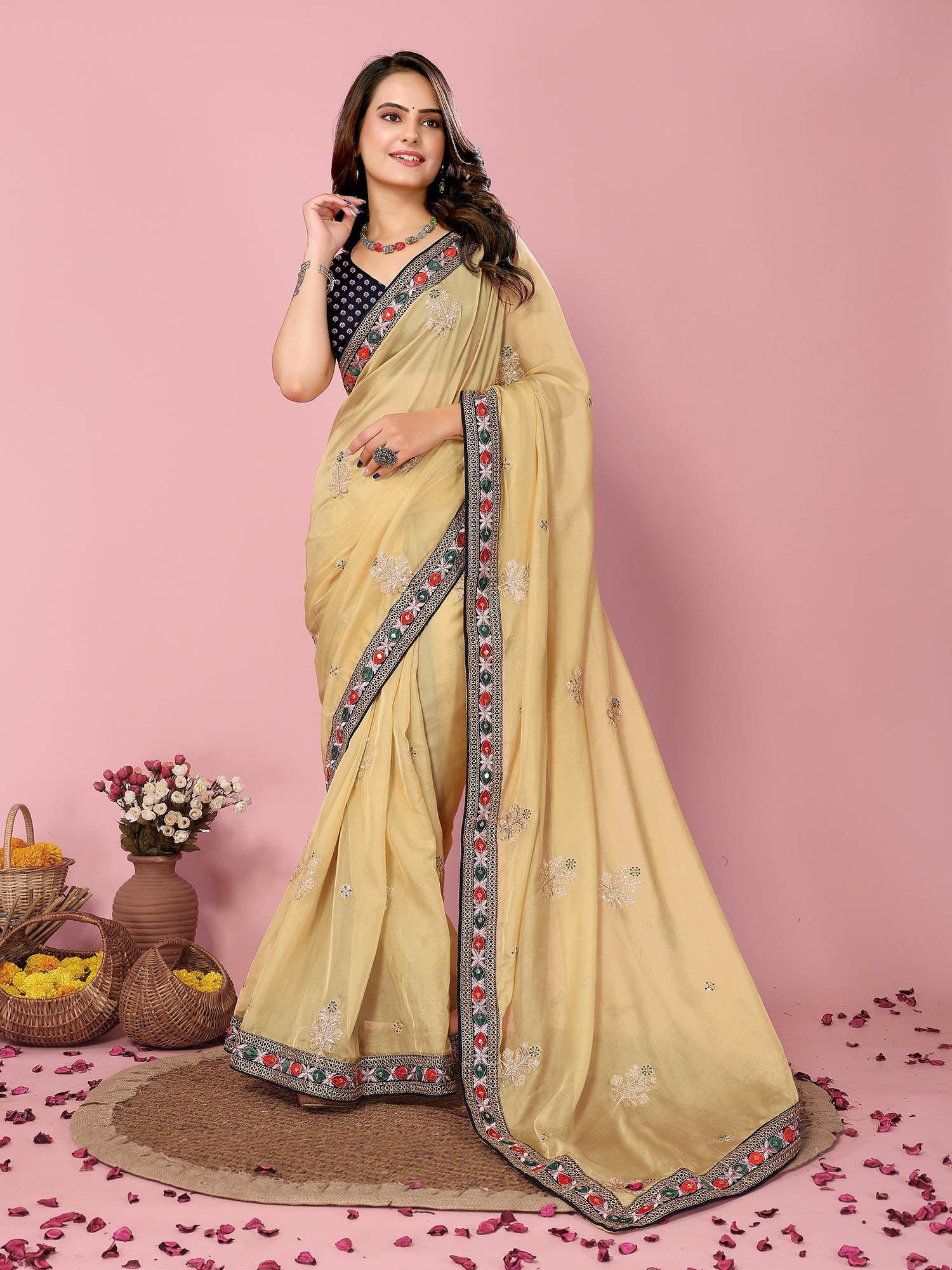 kinjal beige organza embroidered work saree with unstitched blouse