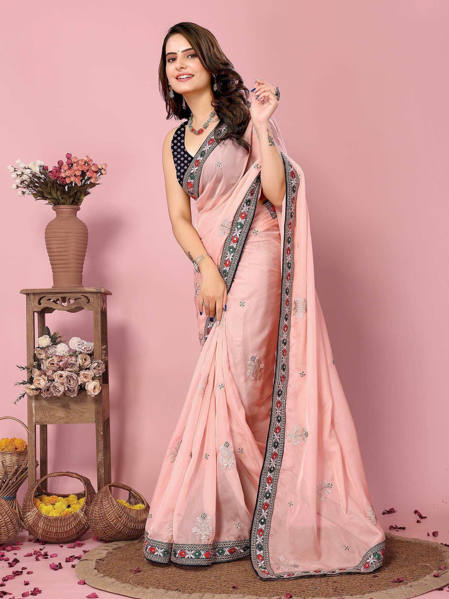 kinjal pink organza embroidered work saree with unstitched blouse