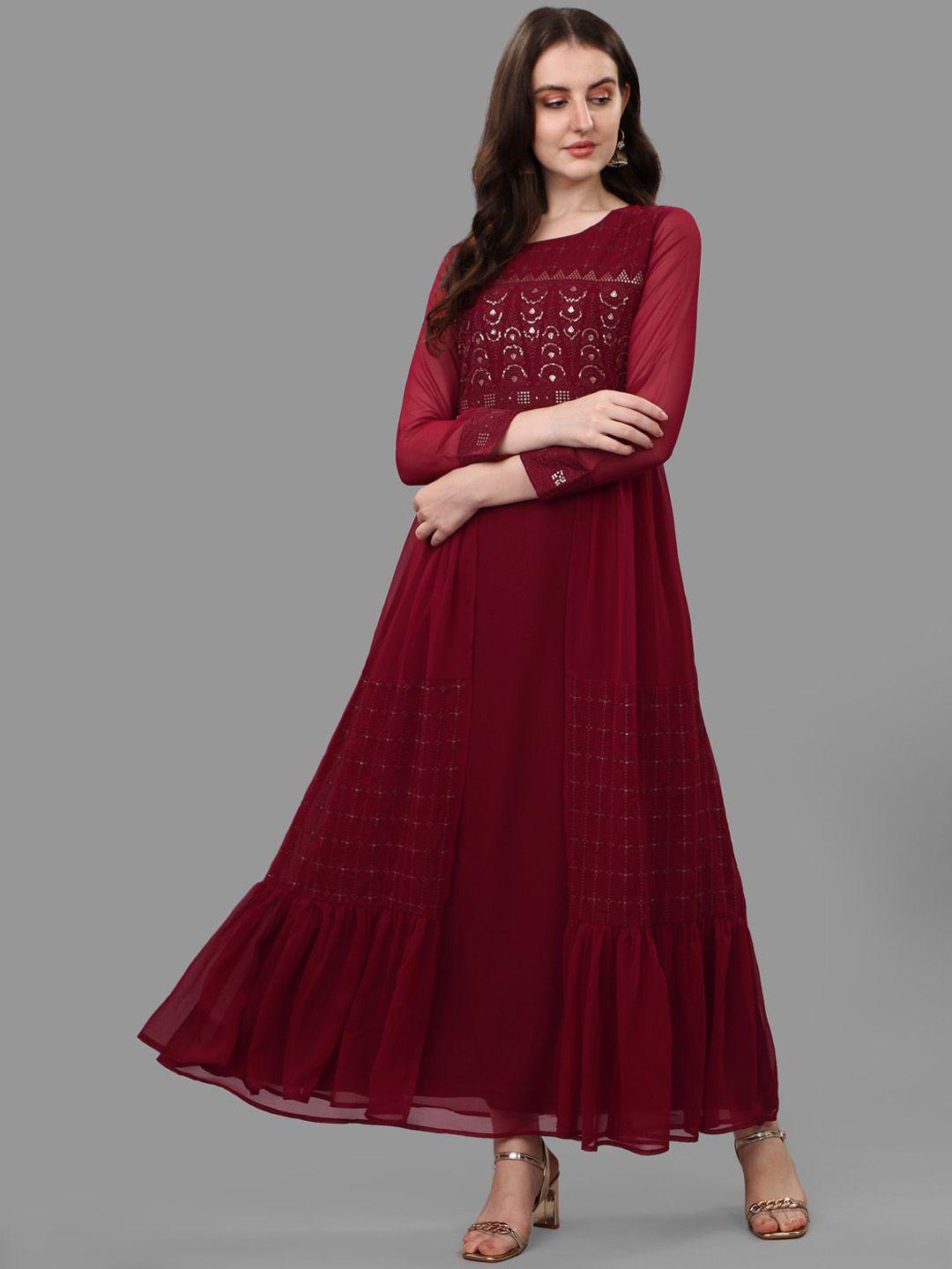 kinjo embroidered georgette round neck maxi gown ethnic dresses