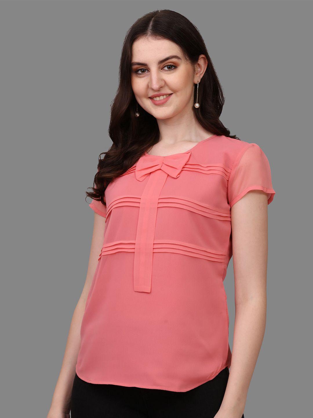 kinjo women pink solid round neck tie and bow georgette top