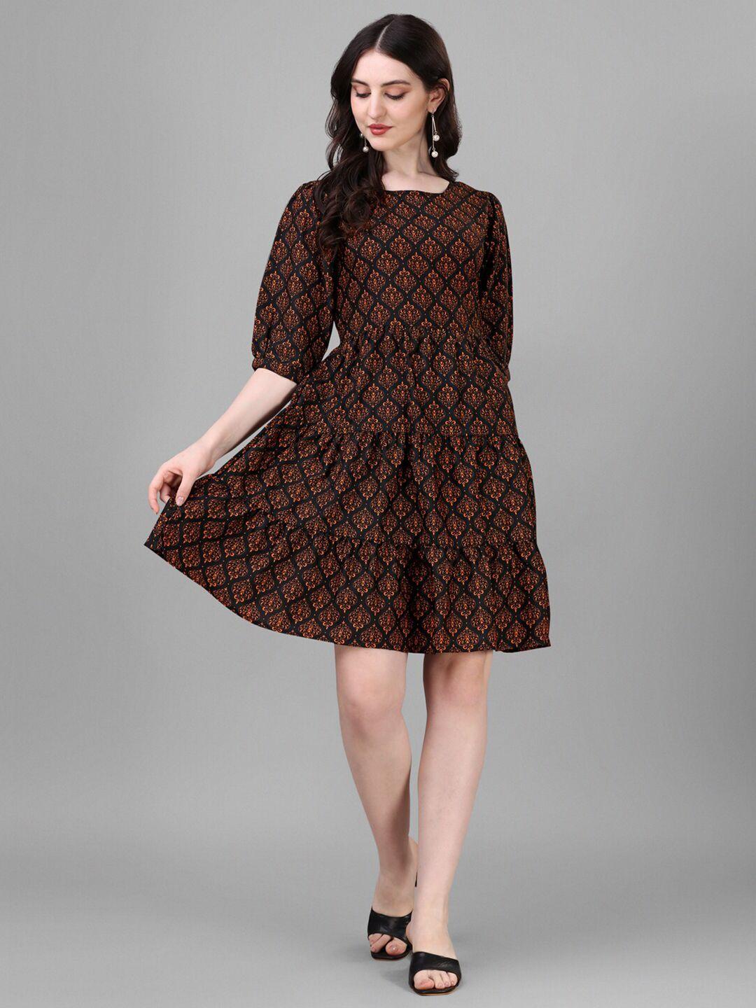 kinjo black & brown ethnic motifs print puff sleeve crepe a-line dress