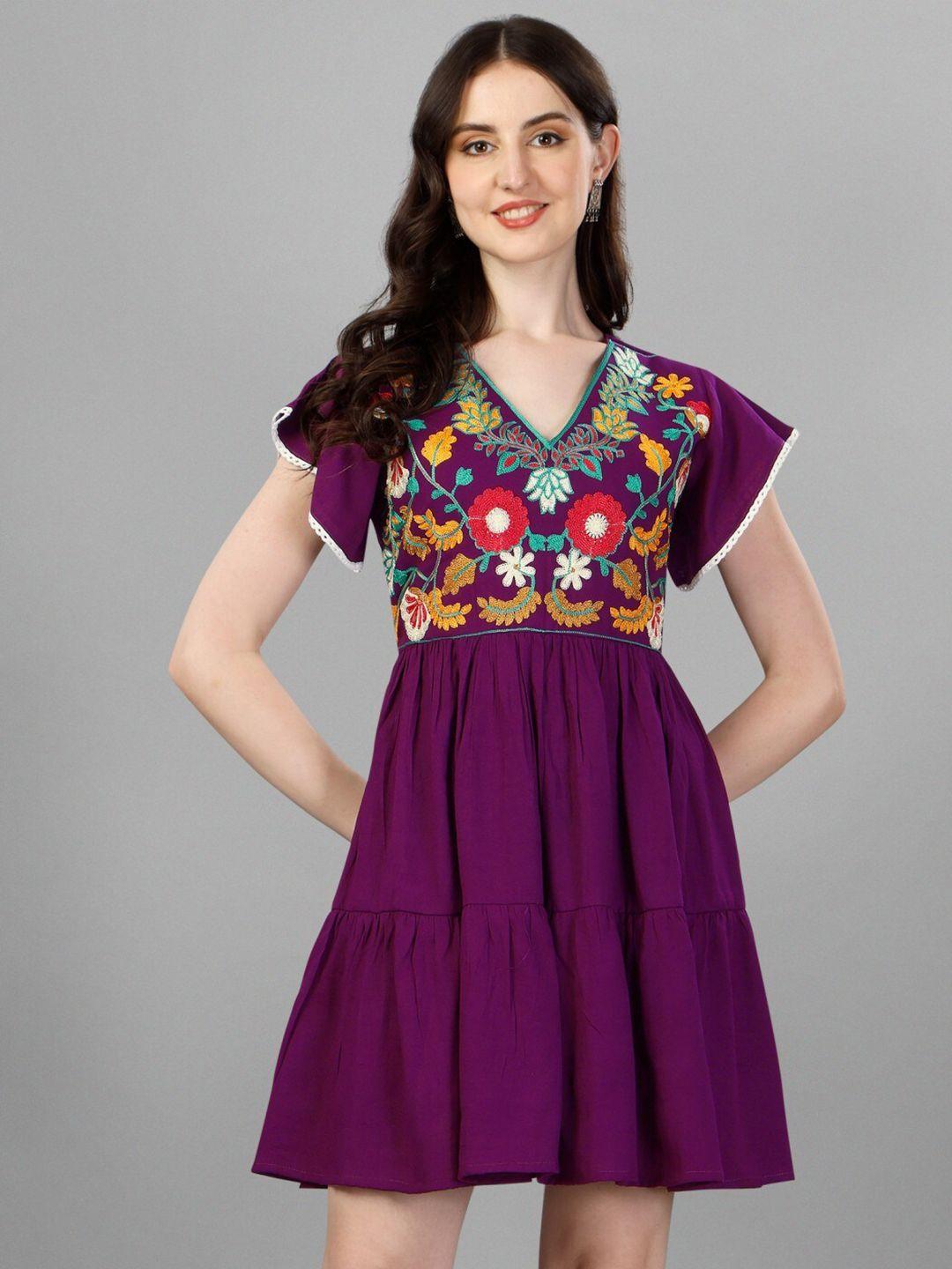 kinjo floral embroidered v-neck flutter sleeve tiered fit & flare dress