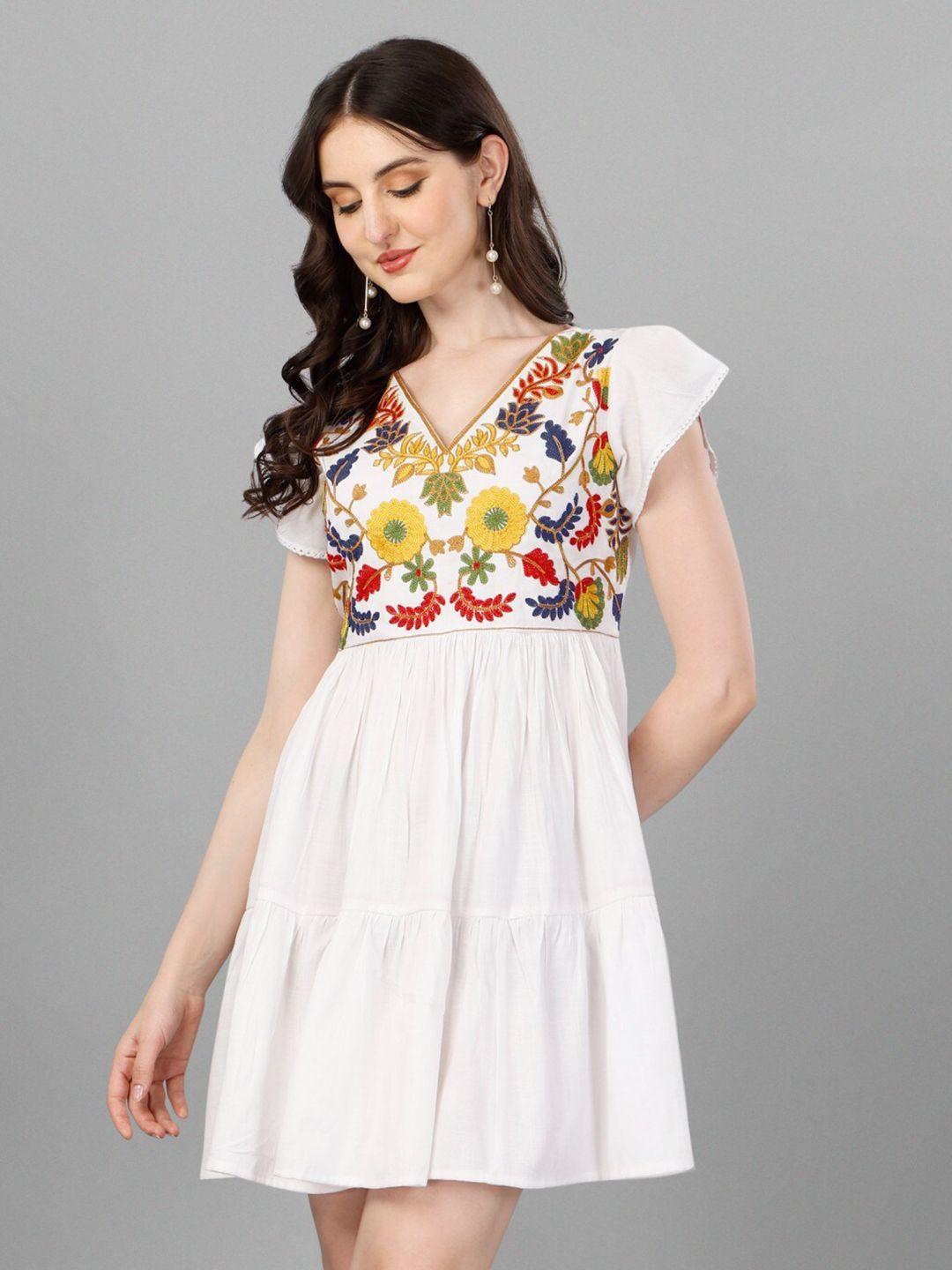 kinjo floral embroidered v-neck flutter sleeve tiered fit & flare dress