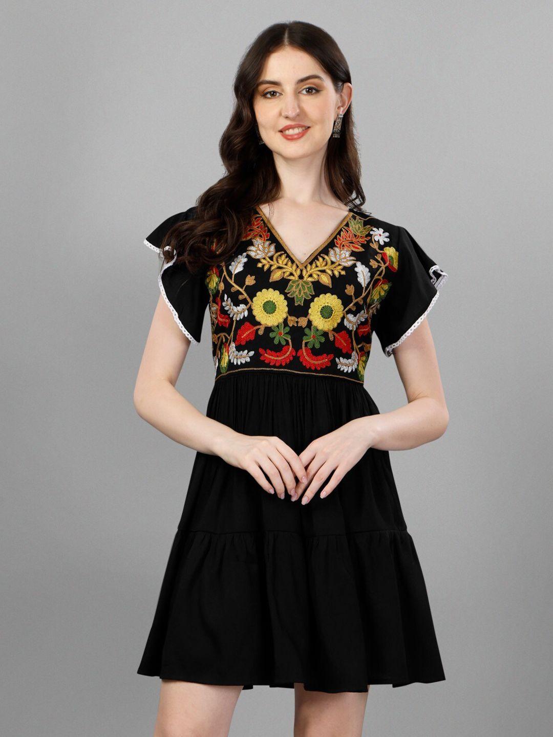 kinjo floral embroidered v-neck flutter sleeve tiered fit & flare dress