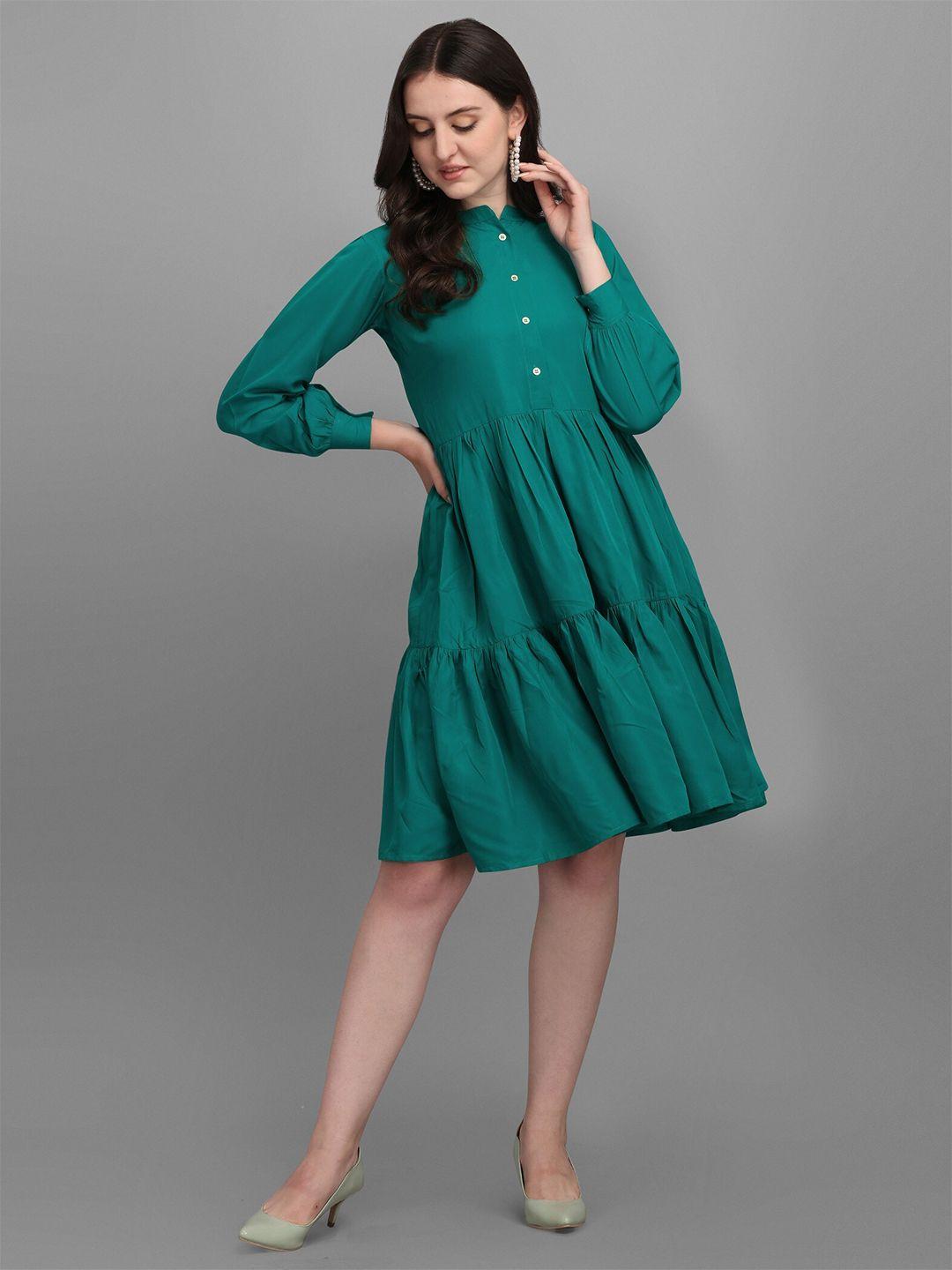 kinjo mandarin collar cuffed sleeve a-line tiered dress