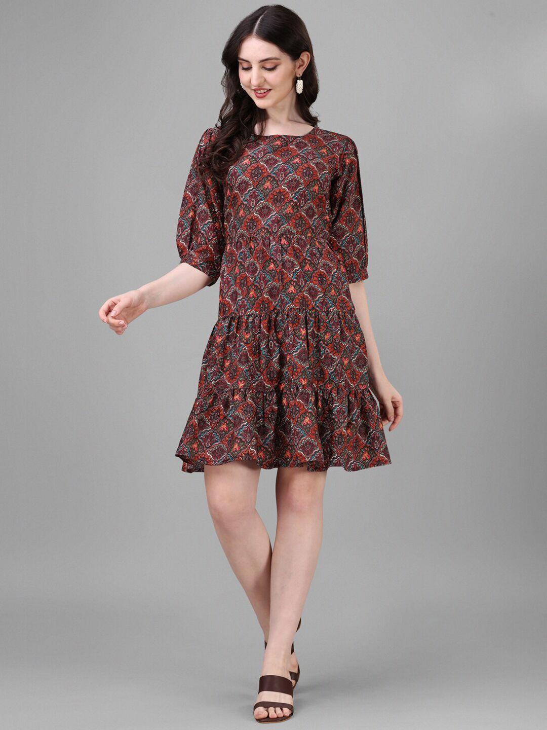 kinjo multicoloured & bitter chocolate floral print puff sleeve crepe a-line dress