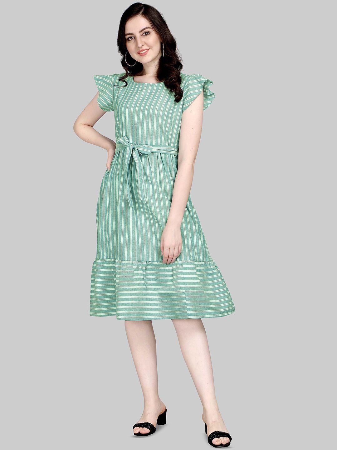 kinjo striped cap sleeves belted cotton a-line dress