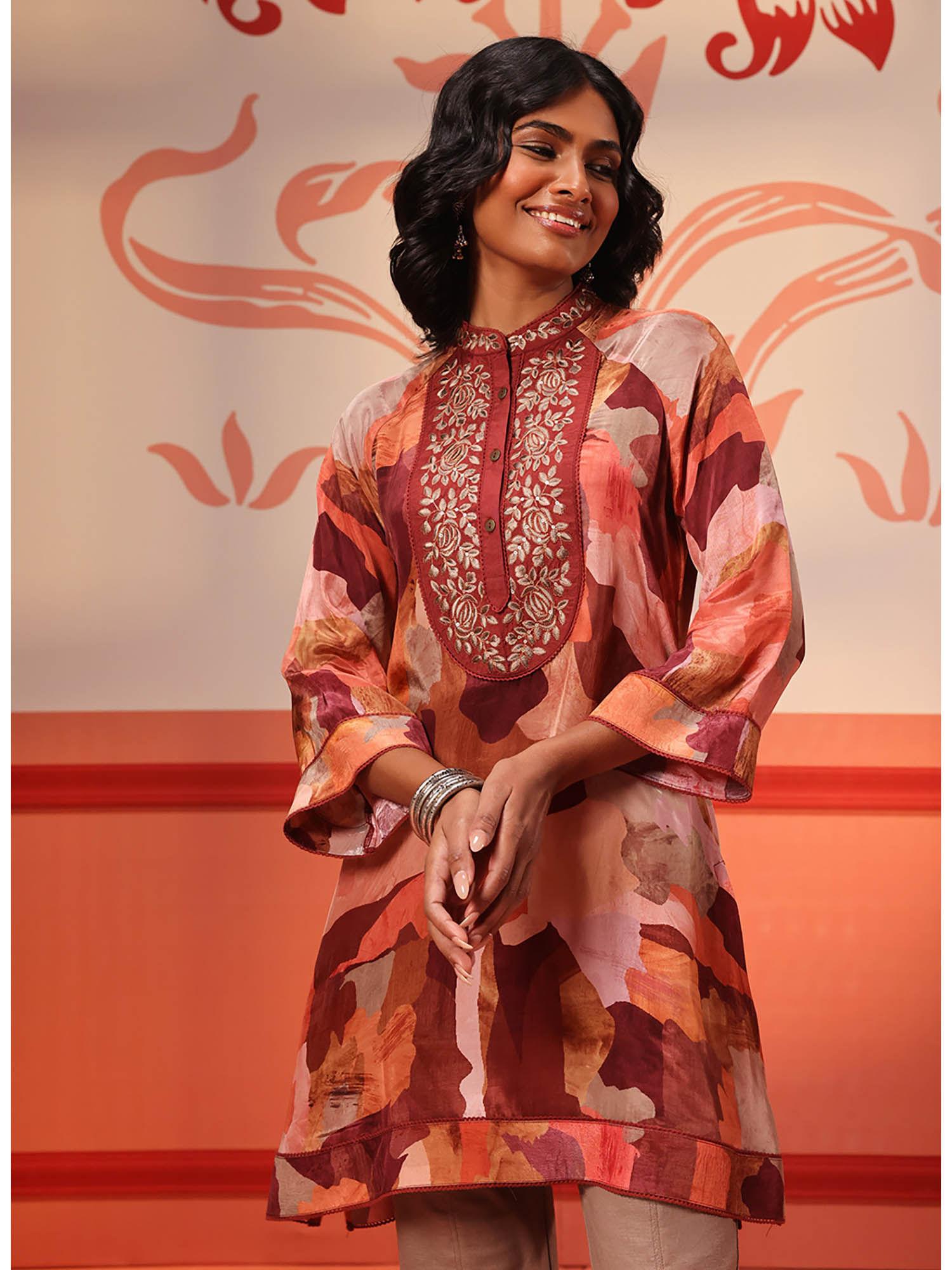 kinza terracotta multi-color crepe printed long tunic for women