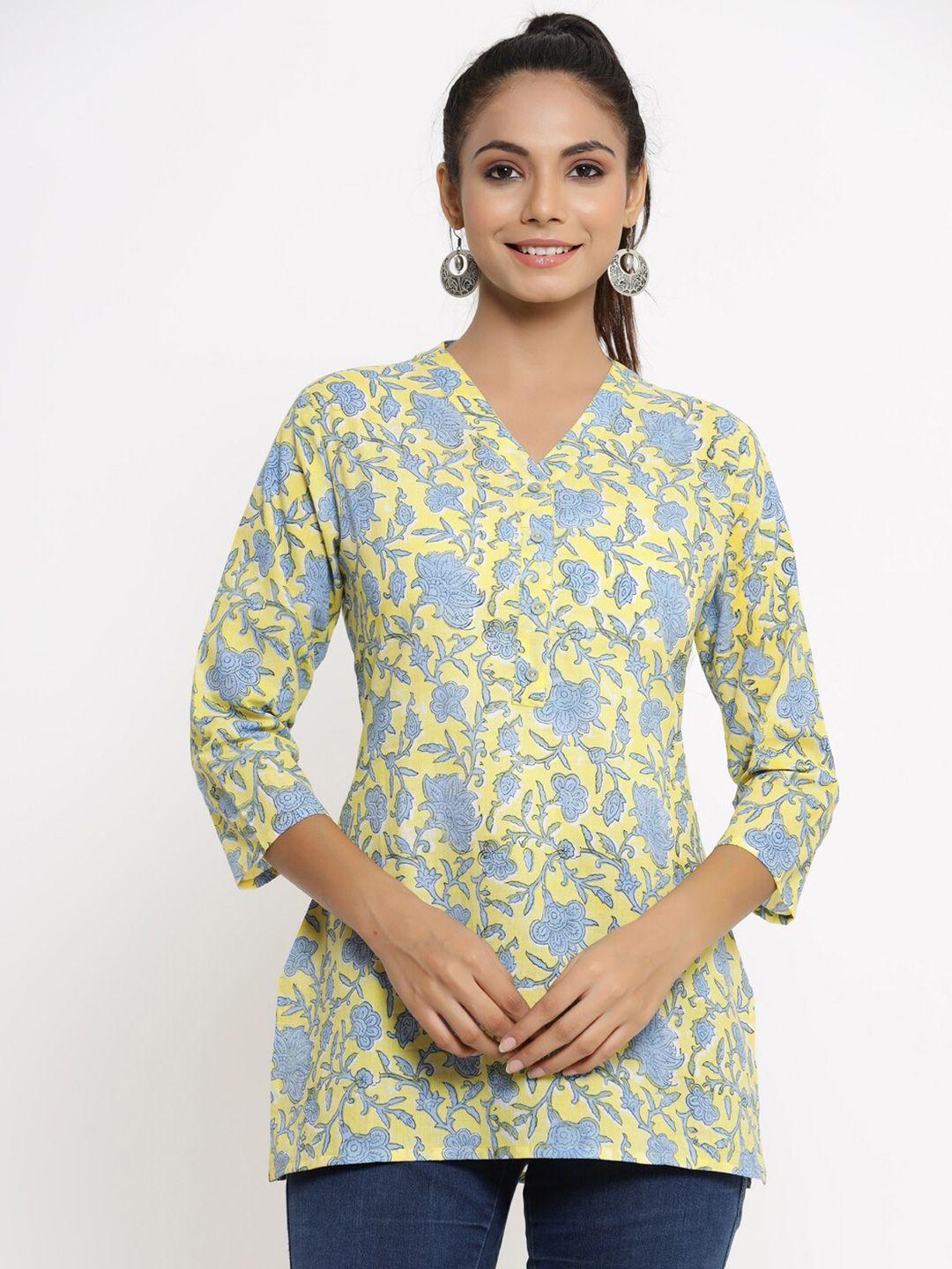 kipek women yellow & blue viscose rayon printed tunic