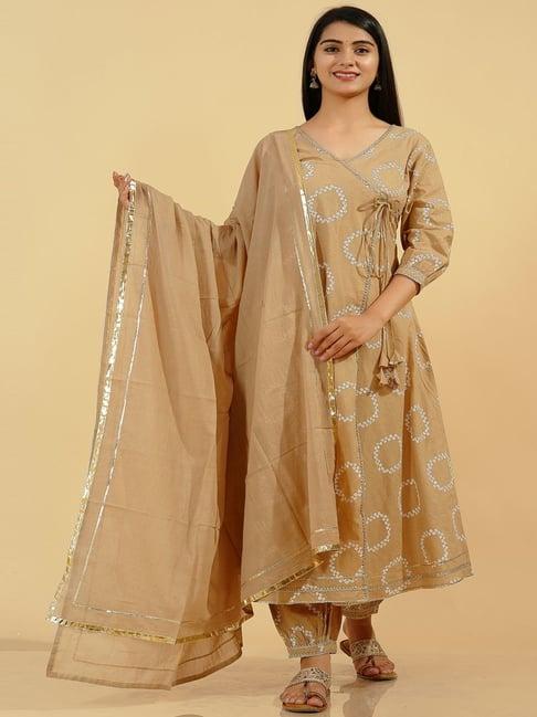 kipek beige cotton bandhani print kurta salwar set with dupatta