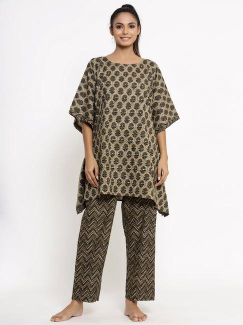 kipek beige cotton printed kaftan pyjama set