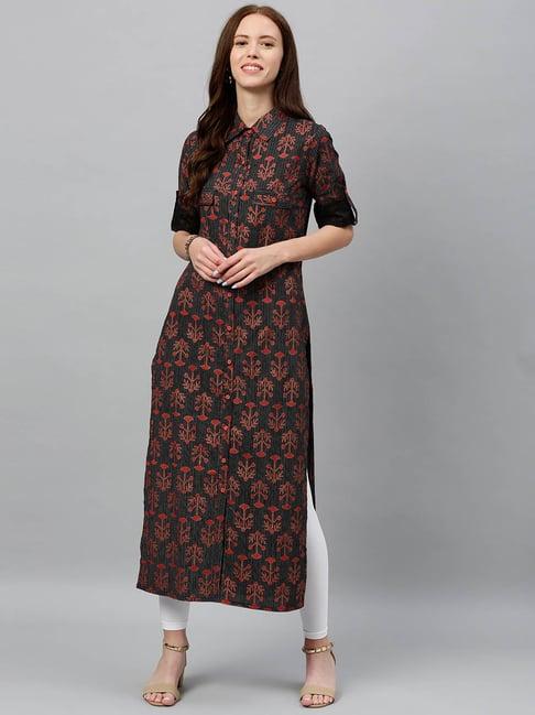 kipek black cotton printed kurta