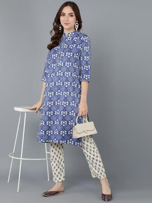 kipek blue & off-white cotton printed kurta pant set