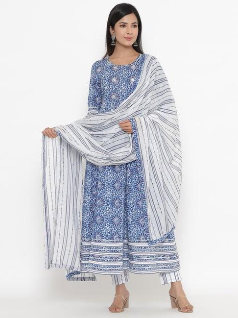kipek blue & white cotton printed kurta pant set with dupatta