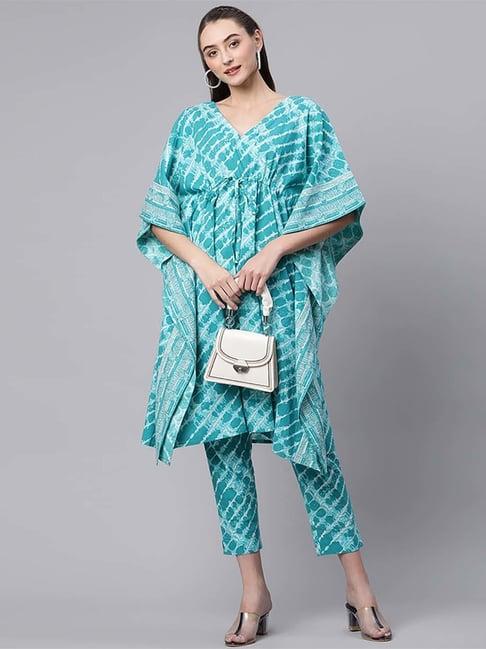 kipek blue cotton printed kaftan pant set