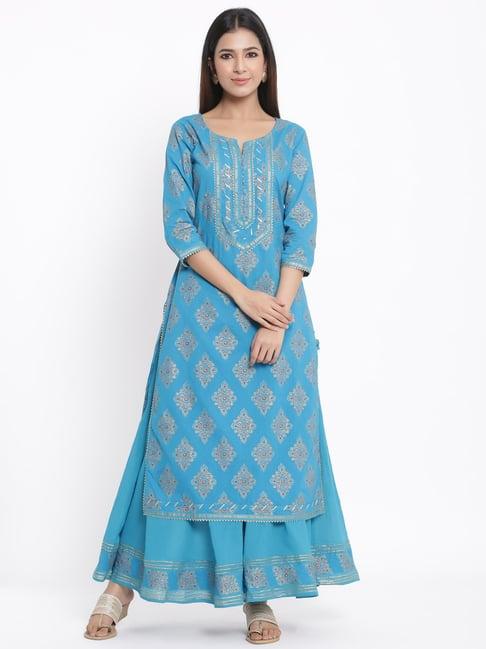 kipek blue cotton printed kurta & skirt set