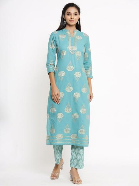 kipek blue printed kurta pant set