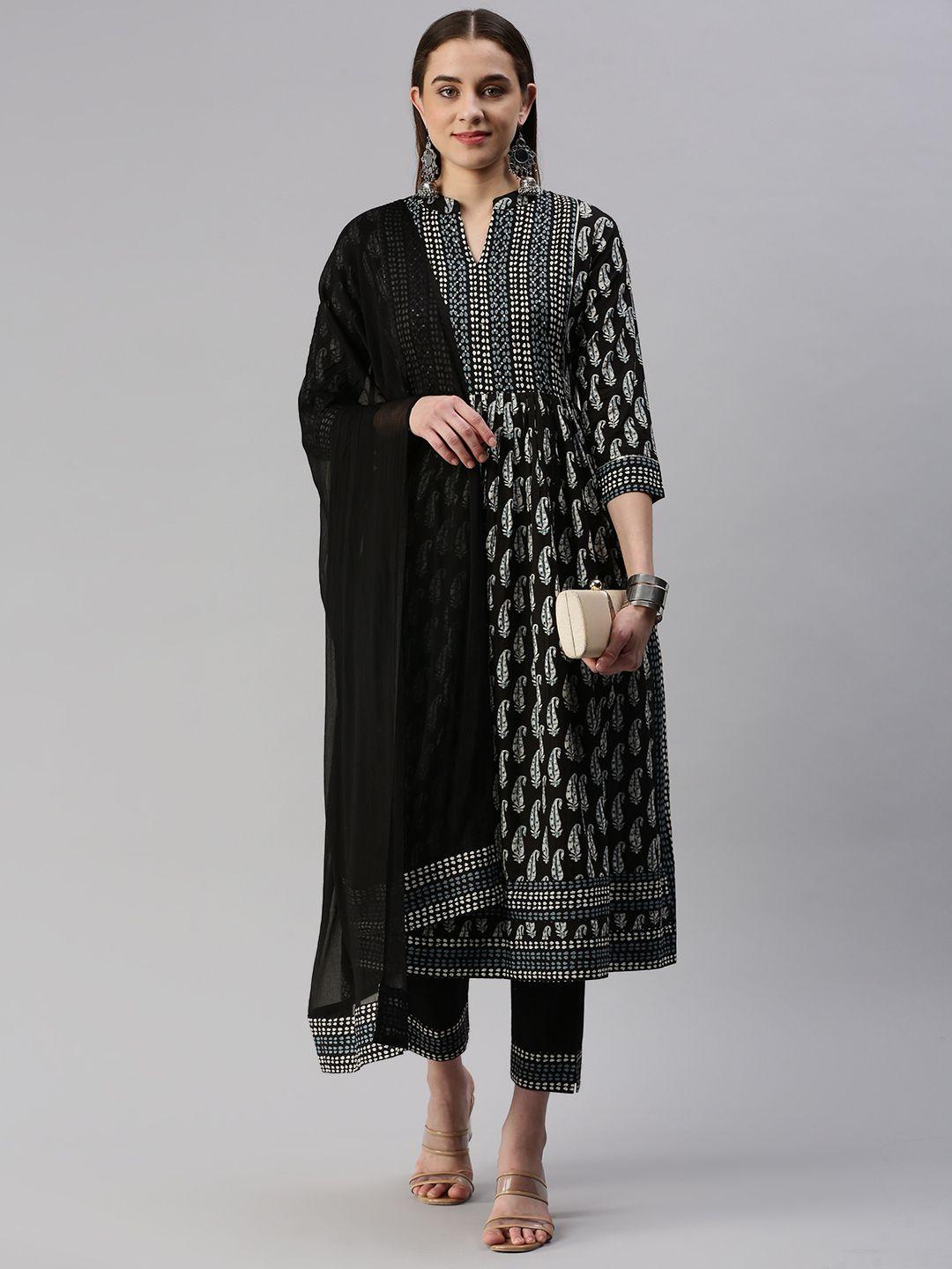 kipek ethnic motifs printed pleated sequinned a-line kurta with trousers & with dupatta