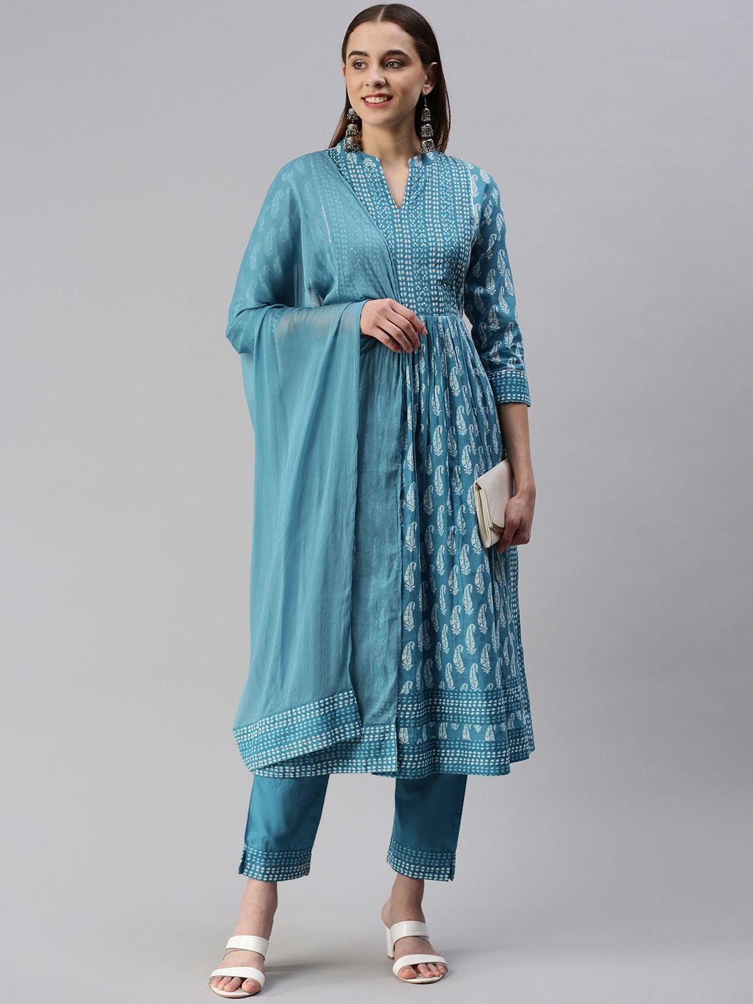 kipek ethnic motifs printed pleated sequinned a-line kurta with trousers & with dupatta