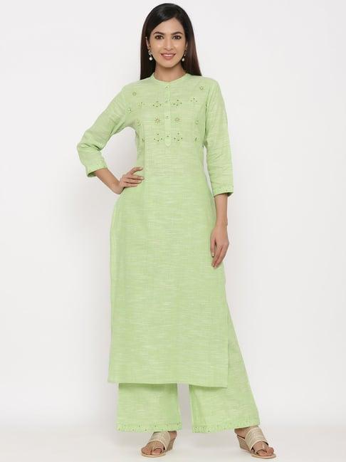 kipek green cotton printed kurta & palazzo set