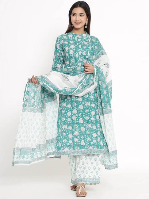 kipek green cotton printed kurta with palazzo & dupatta