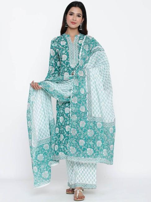 kipek green cotton printed kurta with palazzo & dupatta