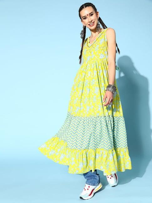 kipek green cotton printed maxi dress