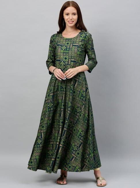 kipek green rayon printed anarkali kurta