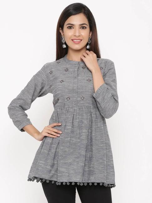 kipek grey cotton embroidered tunic with pom pom lace