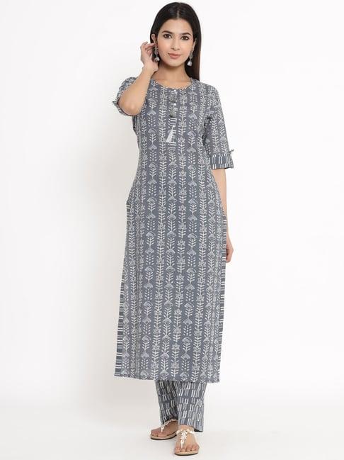 kipek grey cotton printed kurta & palazzo set