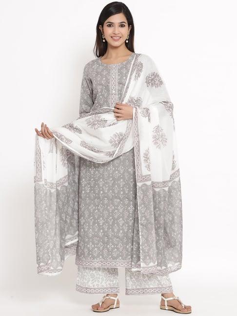 kipek grey cotton printed kurta with palazzo & dupatta