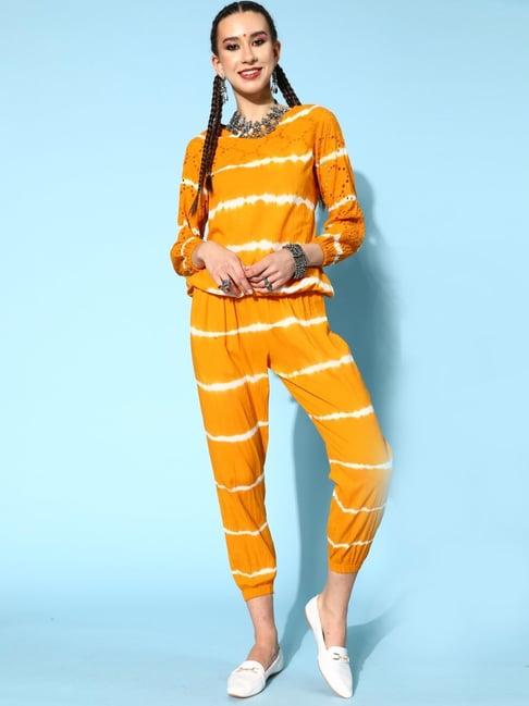 kipek mustard cotton striped top pant set