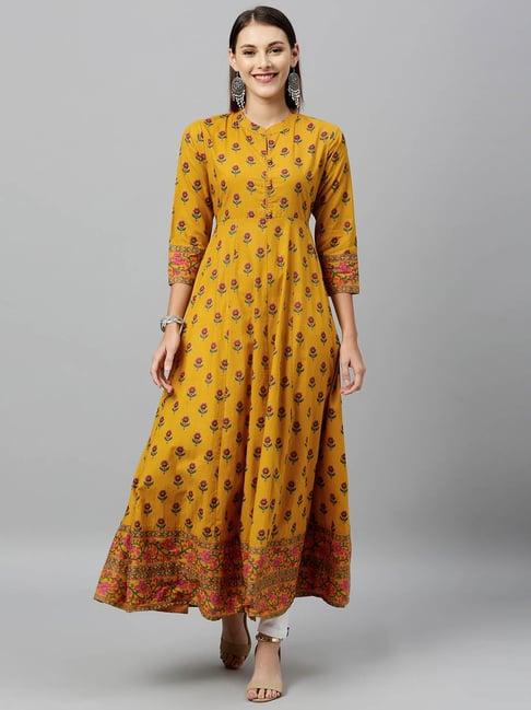 kipek mustard yellow cotton printed anarkali kurta