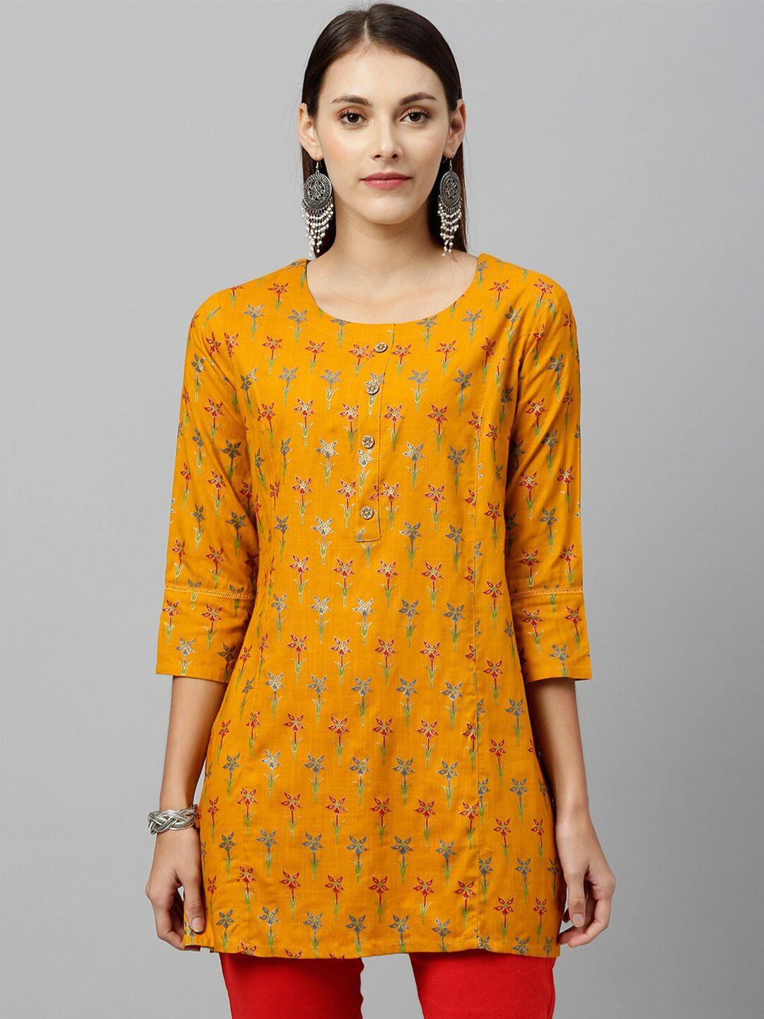 kipek mustard yellow floral printed straight kurti