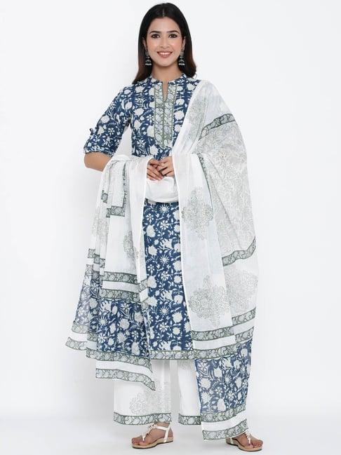 kipek navy cotton printed kurta with palazzo & dupatta