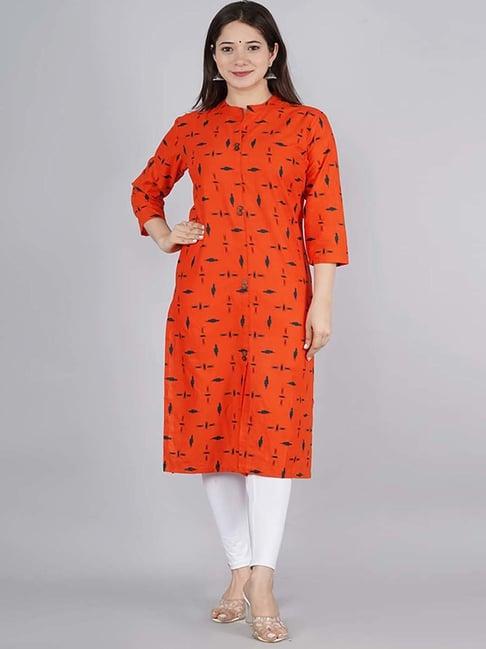 kipek orange cotton printed straight kurta