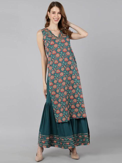 kipek teal blue & maroon cotton floral print kurta sharara set