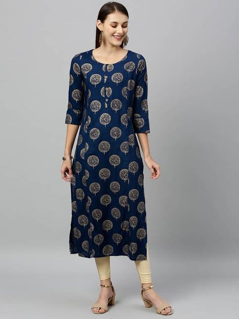 kipek teal rayon printed kurta