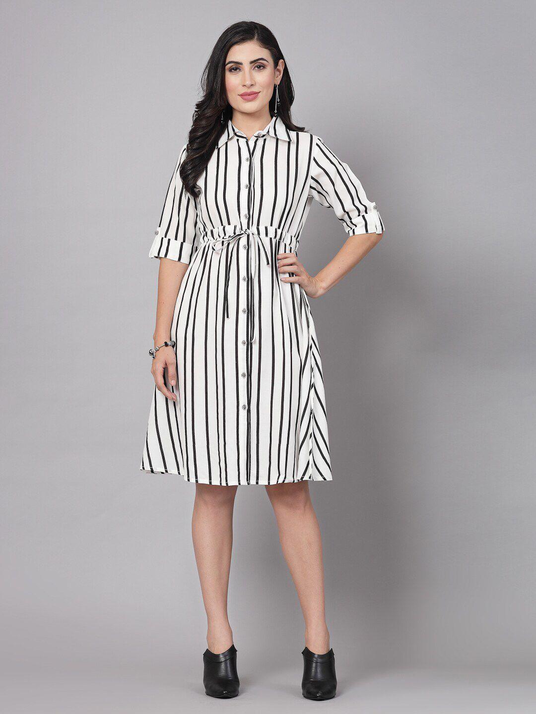 kipek white & black striped shirt collar roll-up sleeves shirt style dress