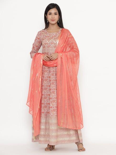 kipek white & peach cotton printed a line kurta with dupatta