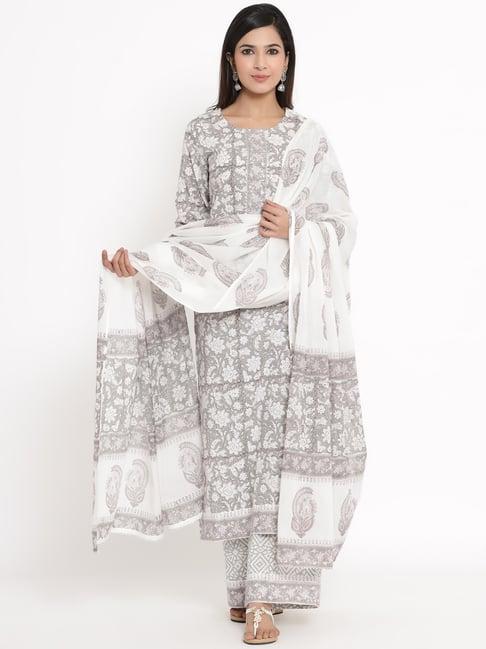 kipek white cotton printed kurta with palazzo & dupatta