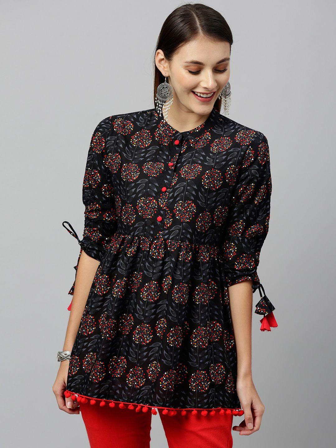 kipek women black & red floral printed pleated a-line pure cotton top