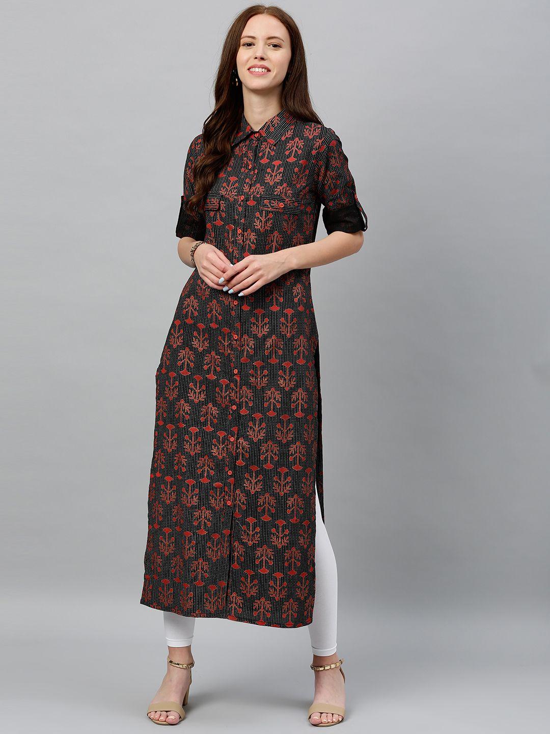 kipek women black & red printed straight kurta