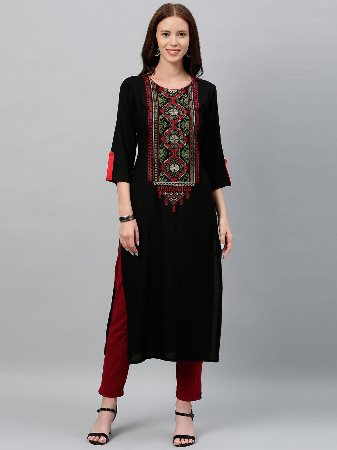 kipek women black embroidered straight kurta