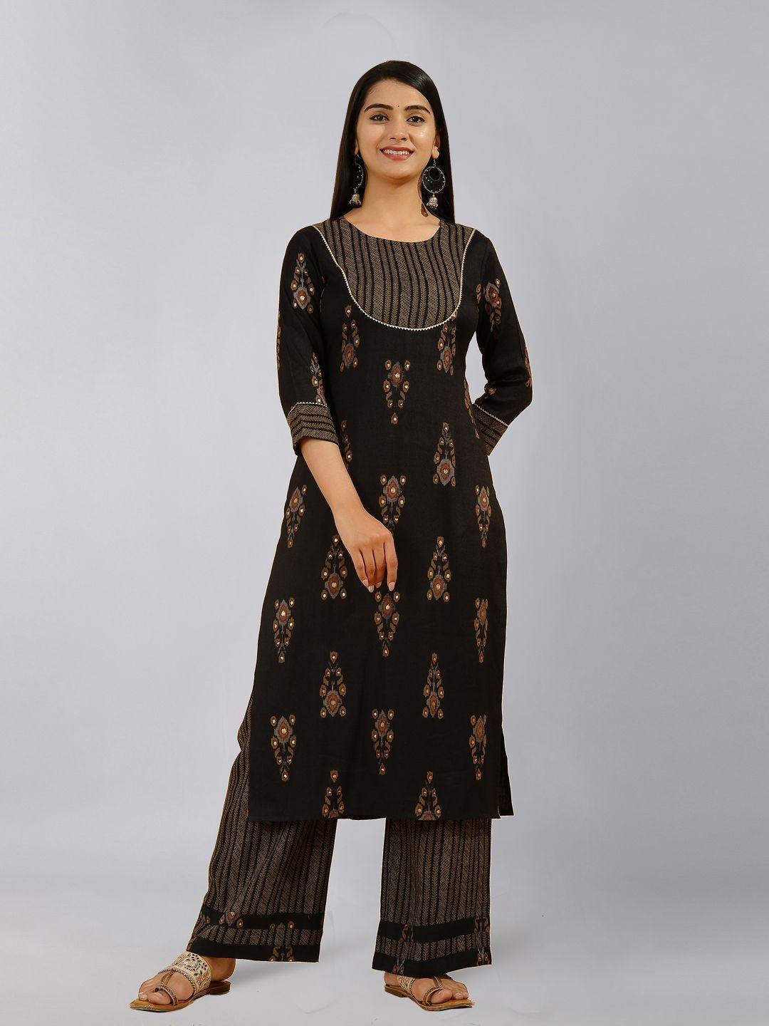 kipek women black ethnic motifs printed gotta patti kurta with palazzo set