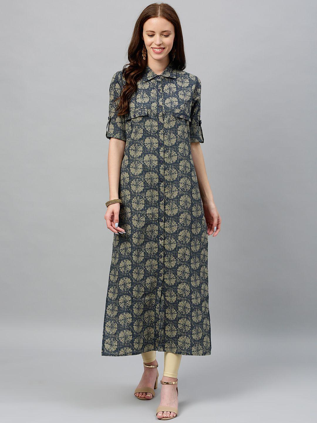 kipek women blue & green printed straight kurta