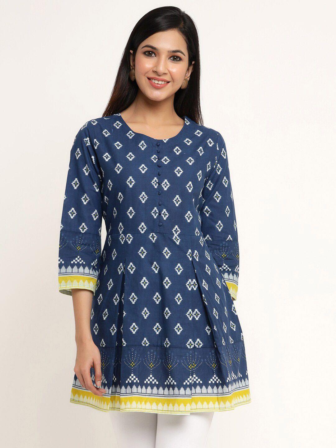 kipek women blue & white cotton printed tunic